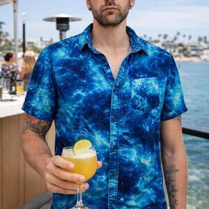 Empyre Blue Galaxy Print Short Sleeve Button-Up Shirt | Size Small | Beach / Res